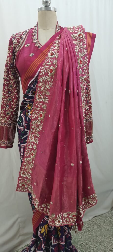 Dusty pink embroidered saree drape with a matching blouse, made to measure for an Indian wedding