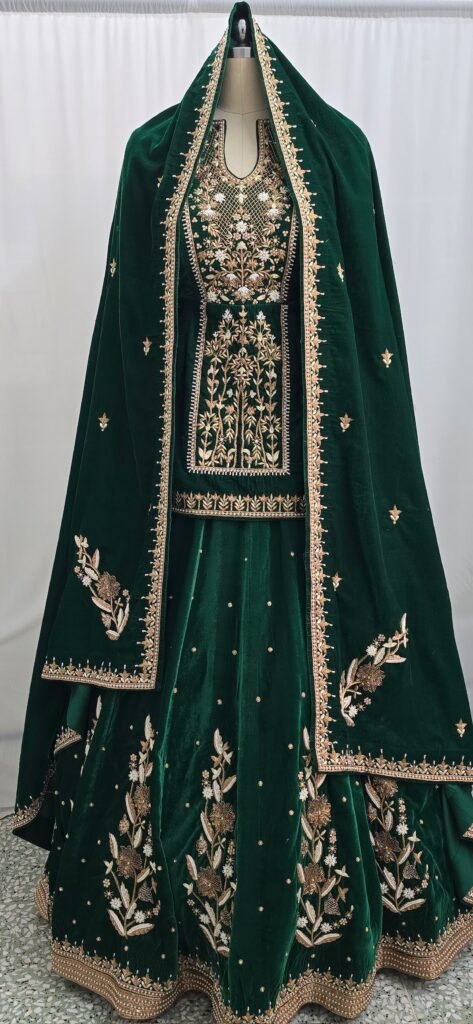 Emerald green embroidered sharara set with a matching dupatta, custom Indian wedding wear