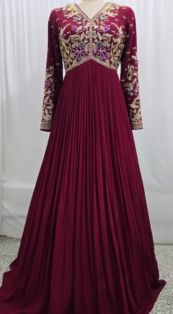 Deep maroon custom anarkali gown with a gold embroidered bodice, made to measure in London
